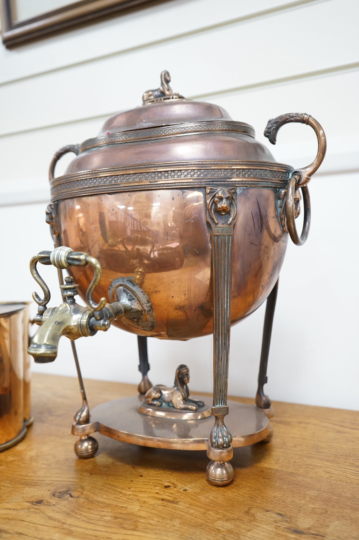 A copper samovar and bottle stand. Condition - fair to good